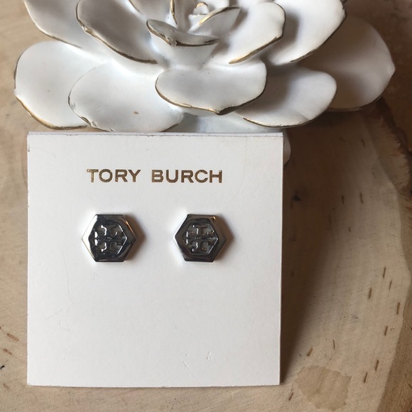 NWT TORY BURCH SILVER HEX LOGO STUD EARRINGS!! - Picture 3 of 5